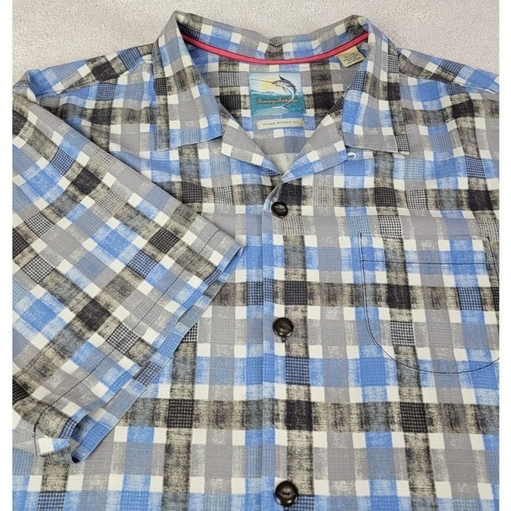 Tommy‎ Bahama Shirt Mens XL Blue Plaid Silk Cotton Island Modern Fit Camp Collar - Picture 2 of 7
